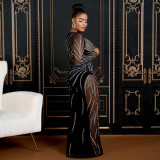 EVE Mesh Splicing See Through Hot Drill Maxi Dress CYA-901384