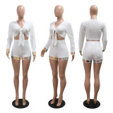 EVE V Neck Solid Color Slim Two Piece Shorts Set CYA-901428