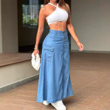 EVE Single-button Denim Long Skirt GAKF-40914