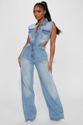 EVE Fashion Sleeveless Hollow Out Denim Jumpsuit LX-6025