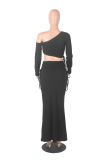 EVE Solid Color Slash Shoulder Drawstring Skirt Suit GXYF-0420