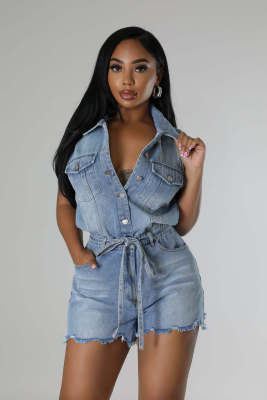 EVE Short Sleeve Loose Tie Up Denim Romper LX-6026