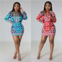 EVE Casual Print Long Sleeve Shirt Skirts Two Piece Set YNSF-2656