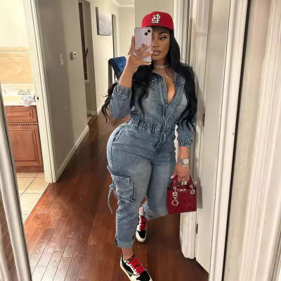 EVE Fashion Long Sleeve Washed Denim Jumpsuit MEM-88596