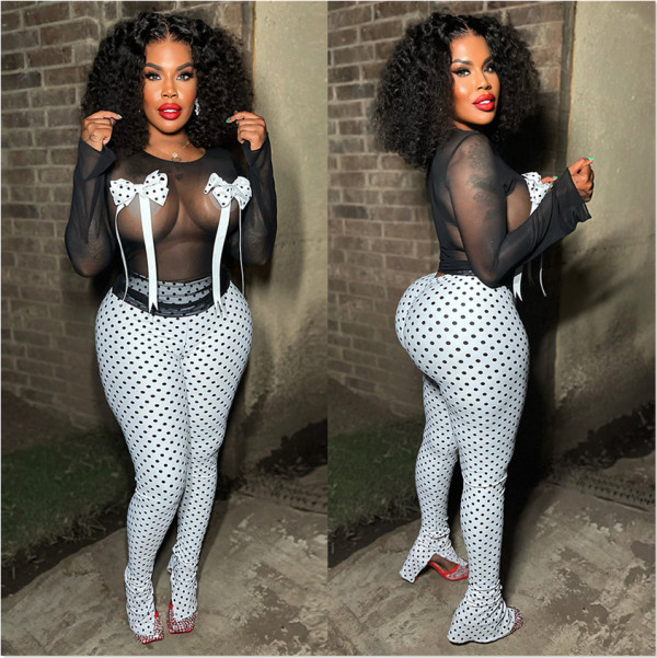 EVE Mesh Bow Spot Print Split Pants Two Piece Set YNSF-2655