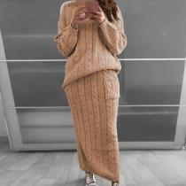 EVE Plus Size Solid Color Long Sleeve Sweater Skirt Set GBLH-820#