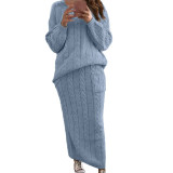 EVE Plus Size Solid Color Long Sleeve Sweater Skirt Set GBLH-820#