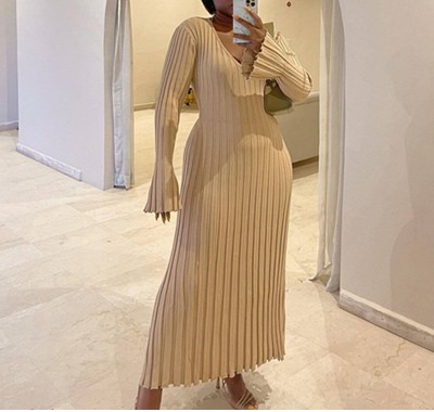 EVE Long Sleeve V Neck Knits Maxi Dress GBLH-9516#