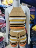 EVE Sexy Backless Halter Tight Knits Shorts Suit GBLH-98156#
