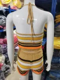 EVE Sexy Backless Halter Tight Knits Shorts Suit GBLH-98156#