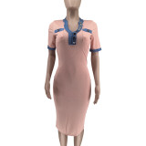 EVE Denin Patchwork Solid Color Midi Dress WAF-77672