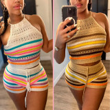 EVE Sexy Backless Halter Tight Knits Shorts Suit GBLH-98156#