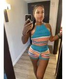 EVE Sexy Backless Halter Tight Knits Shorts Suit GBLH-98156#