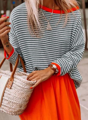 EVE Stripe Contrast Color Drop Shoulder Long Sleeve Sweater GBLH-9020#
