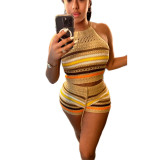 EVE Sexy Backless Halter Tight Knits Shorts Suit GBLH-98156#