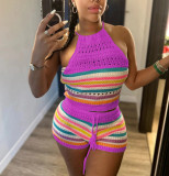 EVE Sexy Backless Halter Tight Knits Shorts Suit GBLH-98156#