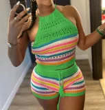 EVE Sexy Backless Halter Tight Knits Shorts Suit GBLH-98156#