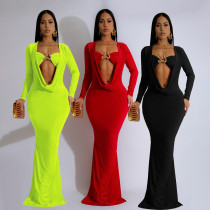 EVE Deep V Neck Pleated Long Sleeve Maxi Dress SFY-570