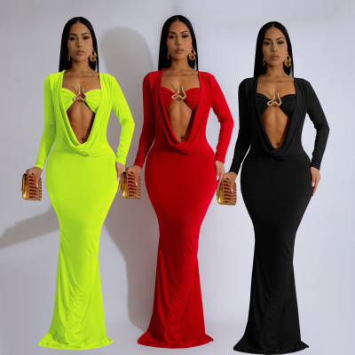 EVE Deep V Neck Pleated Long Sleeve Maxi Dress SFY-570