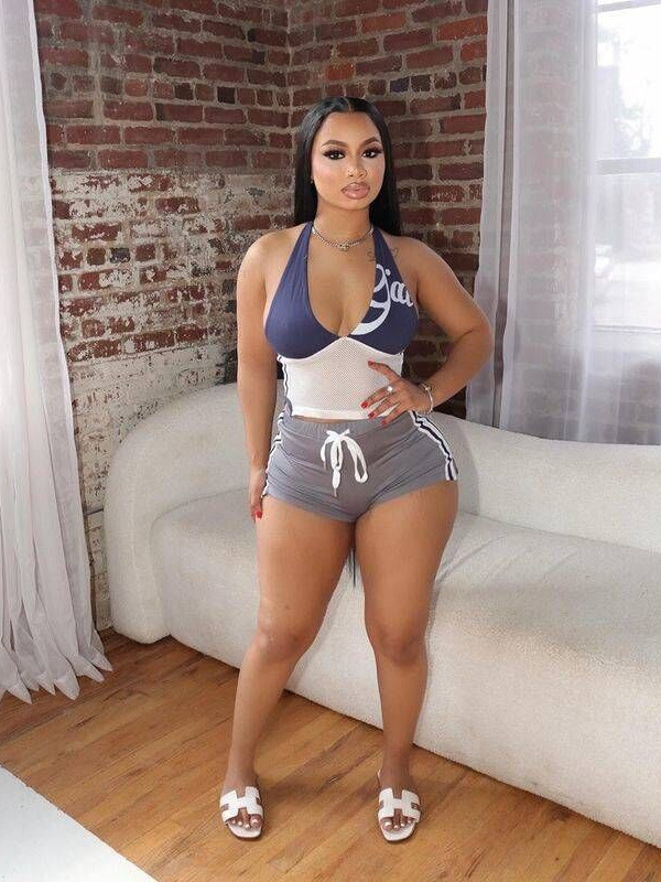 EVE Pre Order: About 7 work days shipping Patchwork Print Hang Neck Tank Tie Shorts Set YUEM-110109