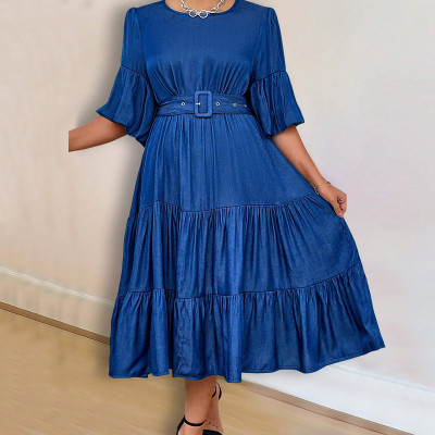 EVE Plus Size Fashion Denim Puff Sleeve Midi Dress GDAM-218622