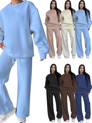 EVE Solid Color Long Sleeve Loose Wide Leg Pants Set SSNF-211470