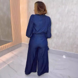 EVE Tied Lantern Sleeve Shirt Wide Leg Pants Two Piece Set NY-3289