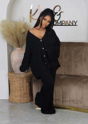 EVE V-Neck Buttoned Cardigan Wide Leg Pants Sweater Set GCNF-0224