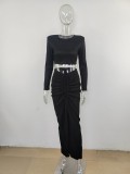 EVE Solid Color Pleated Drawstring Long Skirt Suit MUE-M8075
