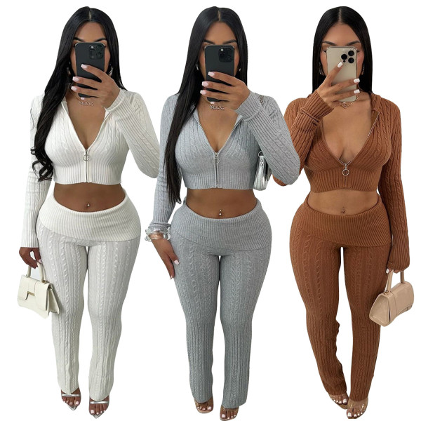 EVE Solid Color Knits Long Sleeve Two Piece Pants Set TR-1316