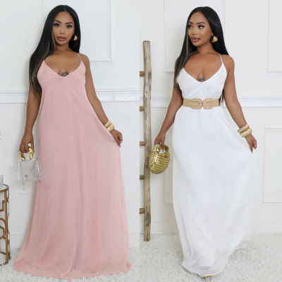 EVE Solid Color Backless Sling Loose Maxi Dress XHXF-433