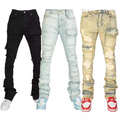 EVE Men's Fashion Holes Denim Zipper Stacked Jeans GDMY-MGD1090