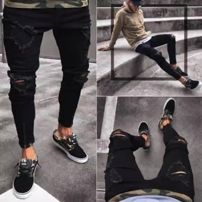 EVE Men's Plus Size Black Holes Zipper Tight Jean GDMY-1010