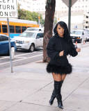 EVE Feather Patchwork Long Sleeve Hooded Mini Dress QYXZ-GT9153