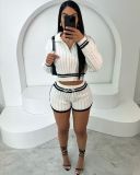 EVE Pre Order: About 7 work days shipping Color Block Lapel Sweater Shorts Knit Set YUEM-Y1101179