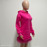 EVE Feather Patchwork Long Sleeve Hooded Mini Dress QYXZ-GT9153