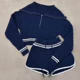 EVE Pre Order: About 7 work days shipping Color Block Lapel Sweater Shorts Knit Set YUEM-Y1101179