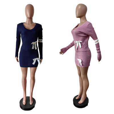 EVE V Neck Knits Long Sleeve Bow Tie Skirts Set MEM-MZ88598