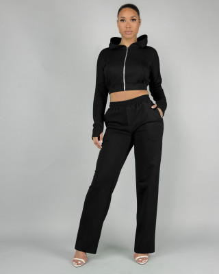 EVE Solid Color Zipper Hooded Two Piece Pants Set FENF-FE283