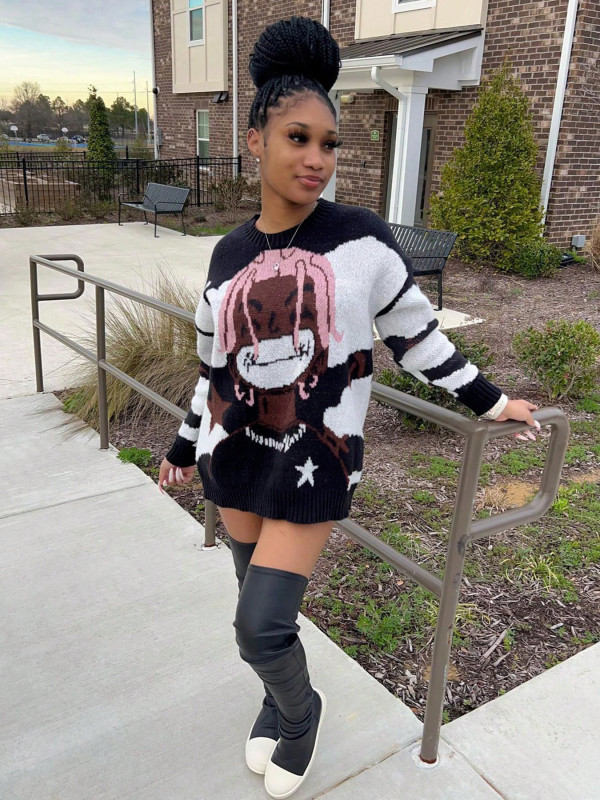 EVE Printed Long Sleeve Mid-Length Sweater SH-S391245