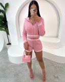 EVE Pre Order: About 7 work days shipping Color Block Lapel Sweater Shorts Knit Set YUEM-Y1101179