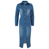 EVE Denim Lapel Long Sleeve Split Maxi Dress GDAM-218617