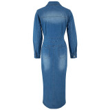 EVE Denim Lapel Long Sleeve Split Maxi Dress GDAM-218617