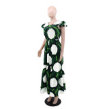 EVE O Neck Print Ruffle Sleeve Maxi Dress GYLY-10541