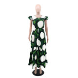 EVE O Neck Print Ruffle Sleeve Maxi Dress GYLY-10541
