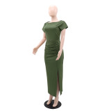 EVE Short Sleeve Solid Color Split Maxi Dress GYLY-10529