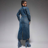 EVE Lapel Button Long Sleeve Split Denim Maxi Dress GDAM-218621