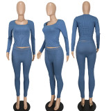 EVE Threaded Solid Color Square Neck Two Piece Pants Set YD-009