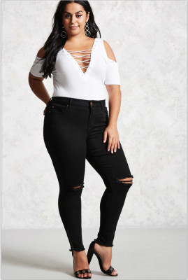 EVE Plus Size Fashion Black Holes Pencil Jeans GDMY-101