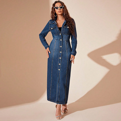EVE Fashion Denim Single-breasted Long Coat Dress GDAM-218618